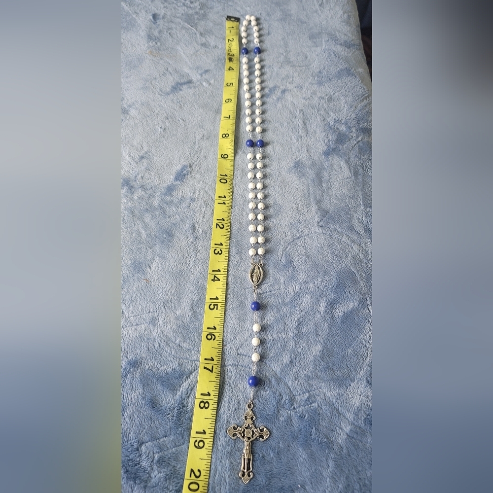 Elegant Rosary Beads White Ceramic & Blue Glass Beaded Necklace 20" - Picture 2 of 5